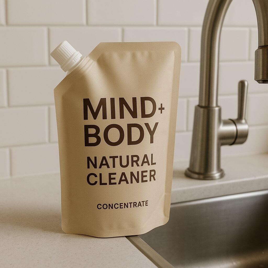 Spouted pouch for cleaning concentrate labeled Mind+Body Natural Cleaner with a sturdy spout and matte finish, placed on a kitchen sink edge.
