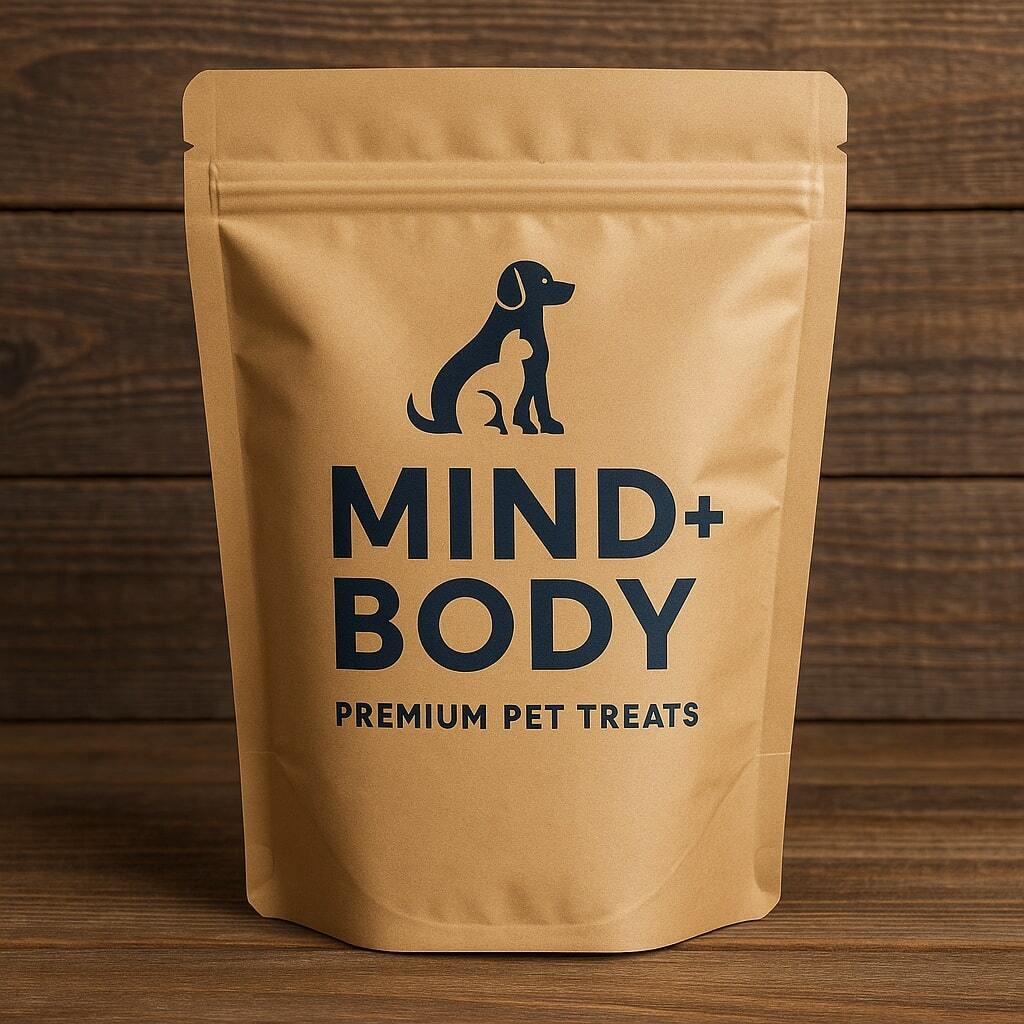 Large gusseted pet food pouch labeled Mind+Body Premium Pet Treats with strong bottom gusset and resealable zipper, on a wooden background.
