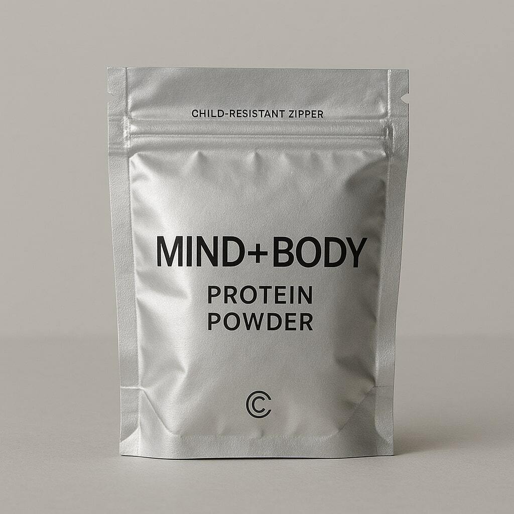 Small foil-lined supplement pouch labeled Mind+Body Protein Powder with a child-resistant zipper and subtle branding.