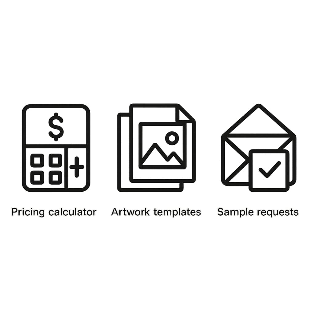 Icons representing pricing calculator, artwork templates, and sample requests.