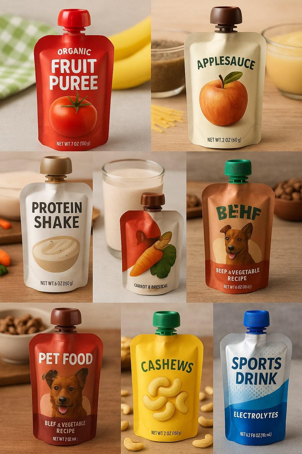 Collage preview of food and beverage pouches across categories to introduce best uses.