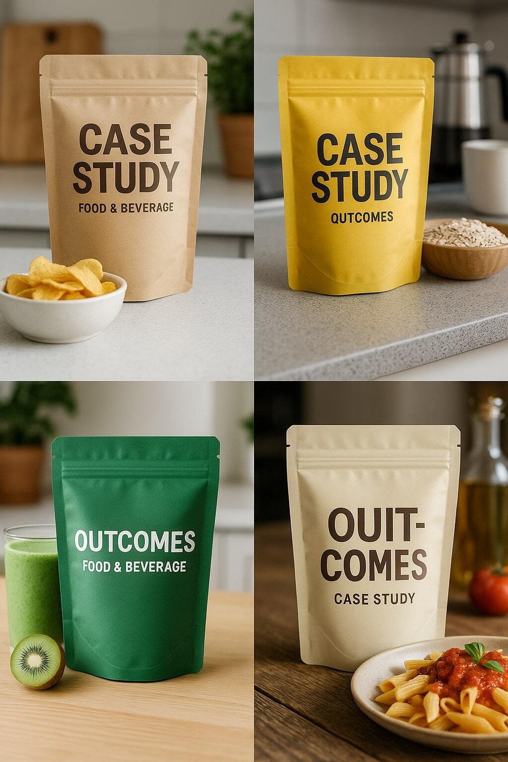 Collage of food and beverage pouches used in real-world settings to introduce case studies.