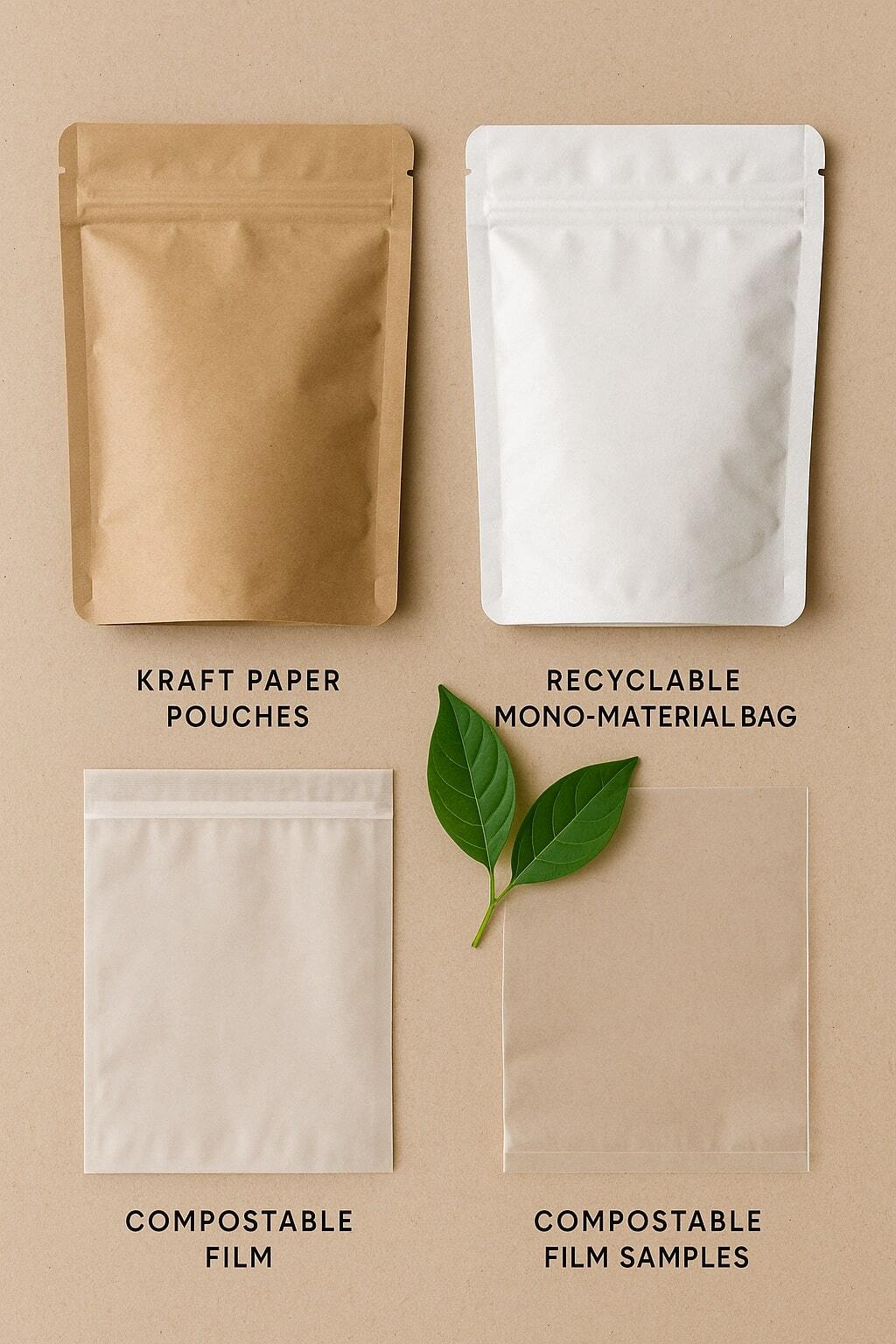 Selection of eco-friendly flexible packaging options including kraft paper, recyclable, and compostable pouches arranged neatly.