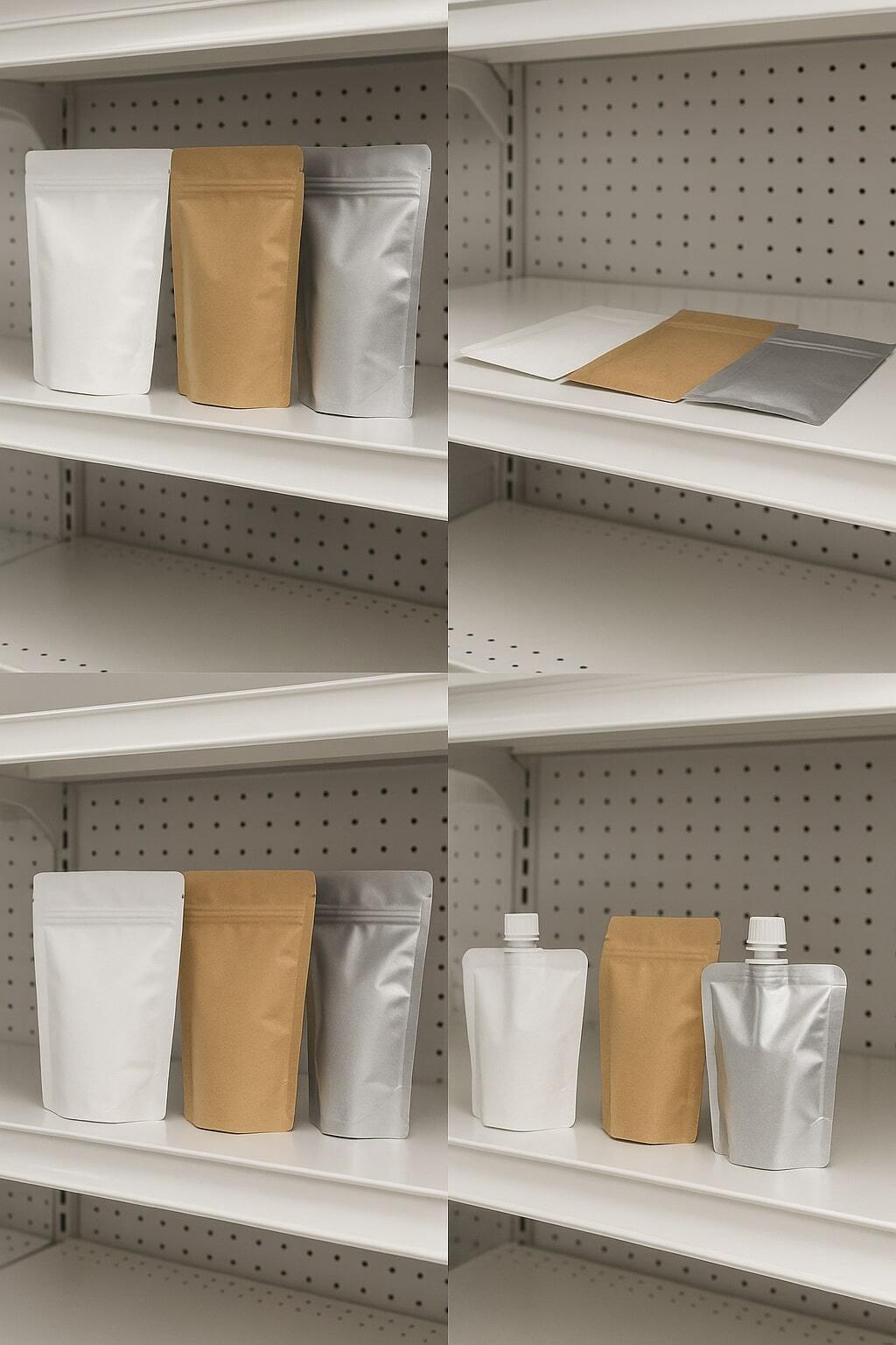 Overview collage of flexible food packaging formats such as stand-up pouches, flat barrier bags, and spouted pouches on retail shelves.
