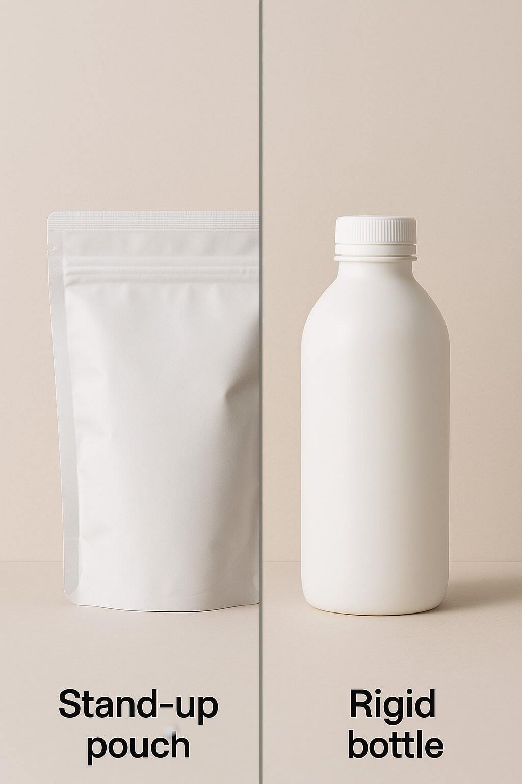 Intro split image comparing a stand-up pouch to a rigid bottle on a neutral background.