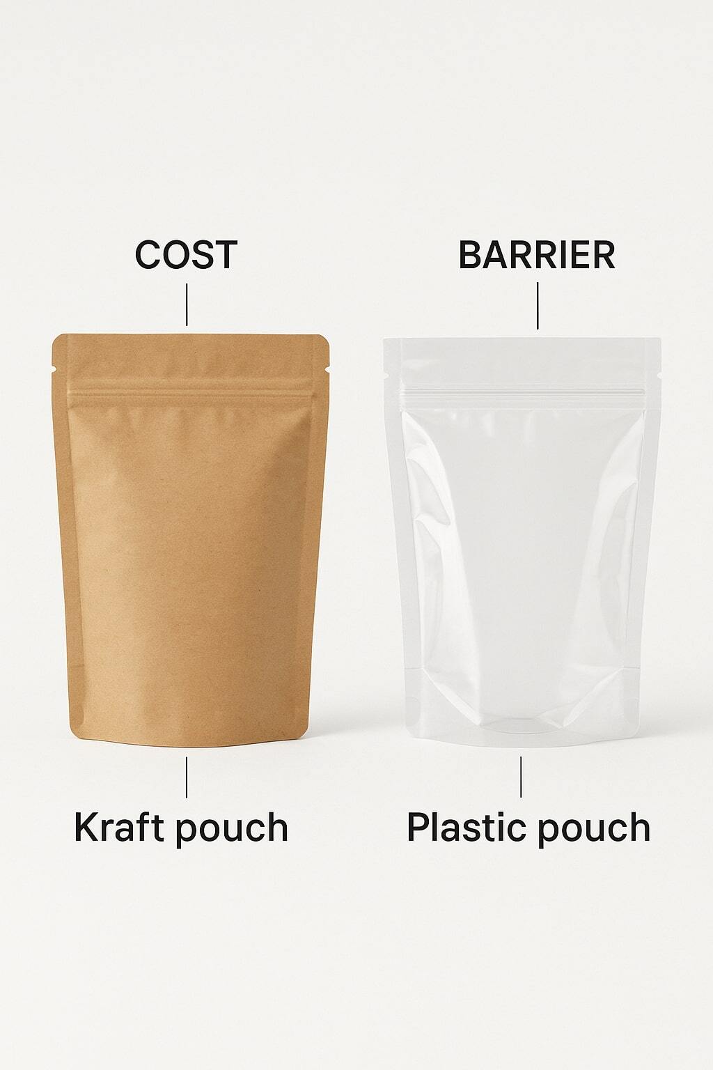 Side-by-side of kraft pouch and plastic pouch with callouts.