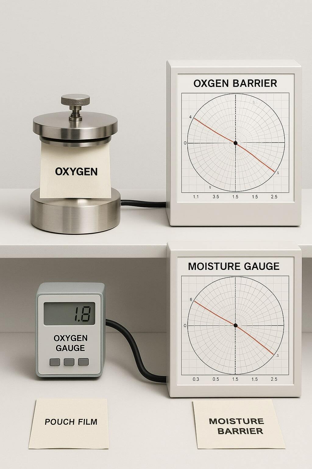 Laboratory setup testing oxygen and moisture barrier performance of pouch films.