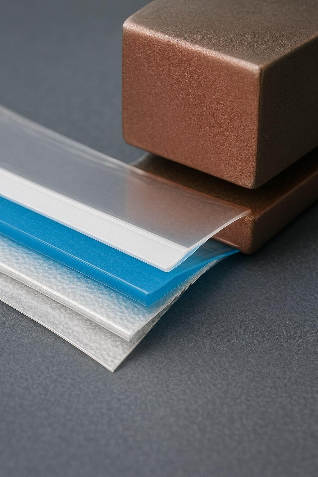 Close-up of laminate layers and a heat-seal bar used to optimize liquid pouch integrity.