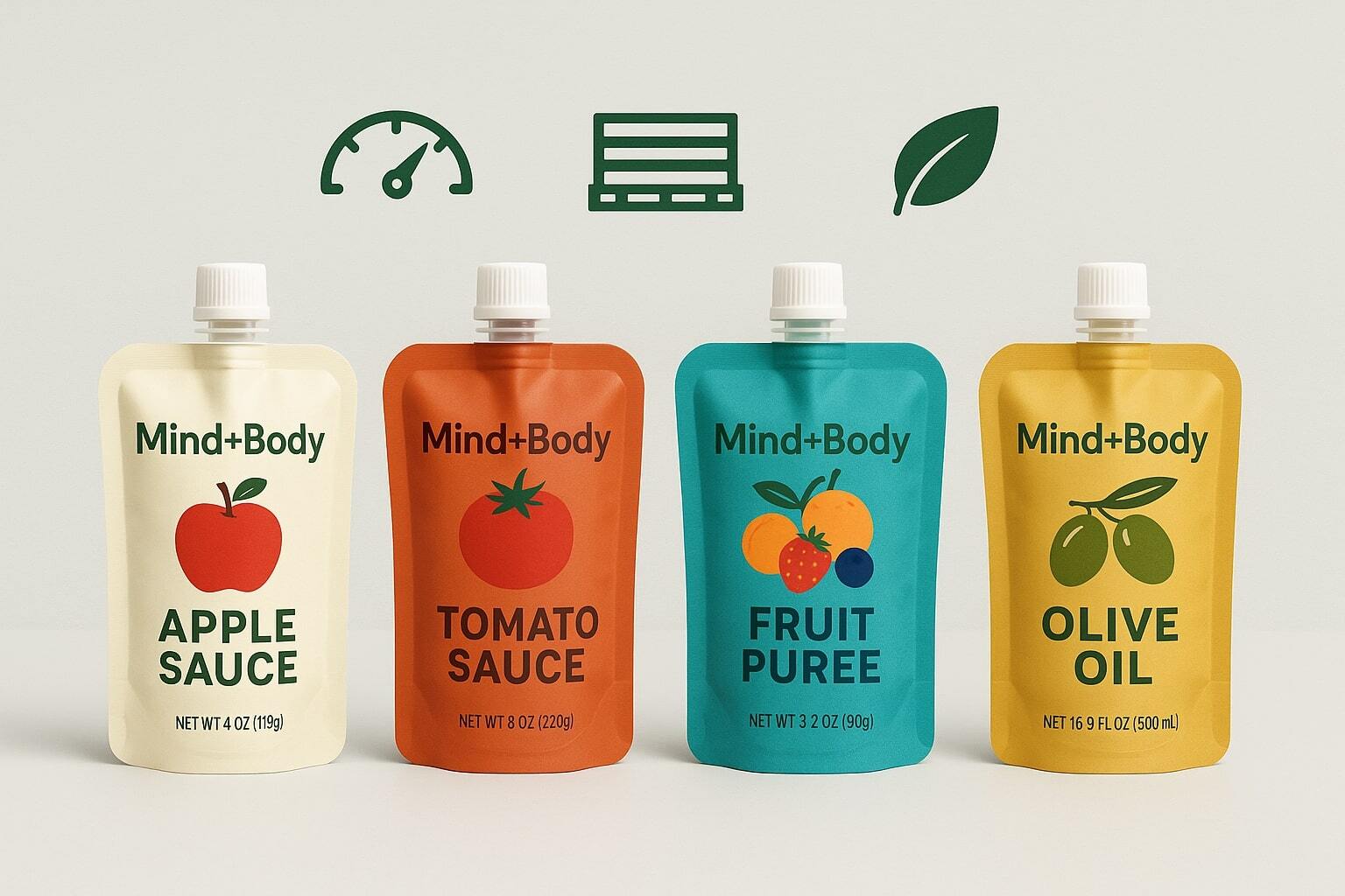 Slim banner showing a neat row of spouted liquid pouches with simple efficiency icons.