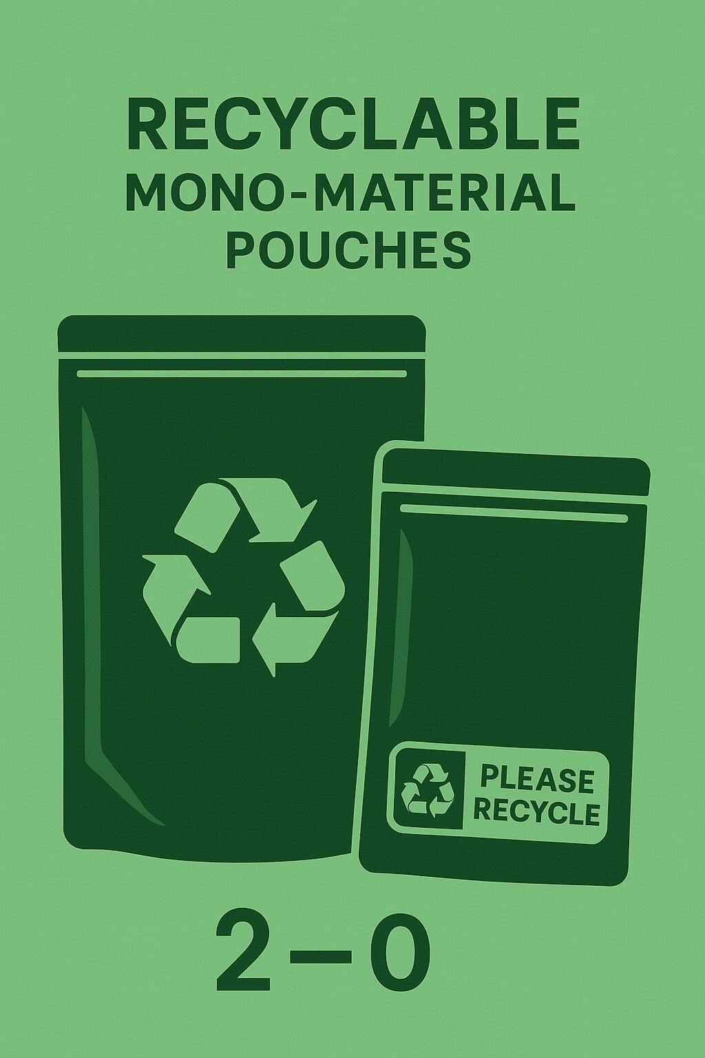 Green-themed graphic showing recyclable mono-material pouches and clear disposal labeling.