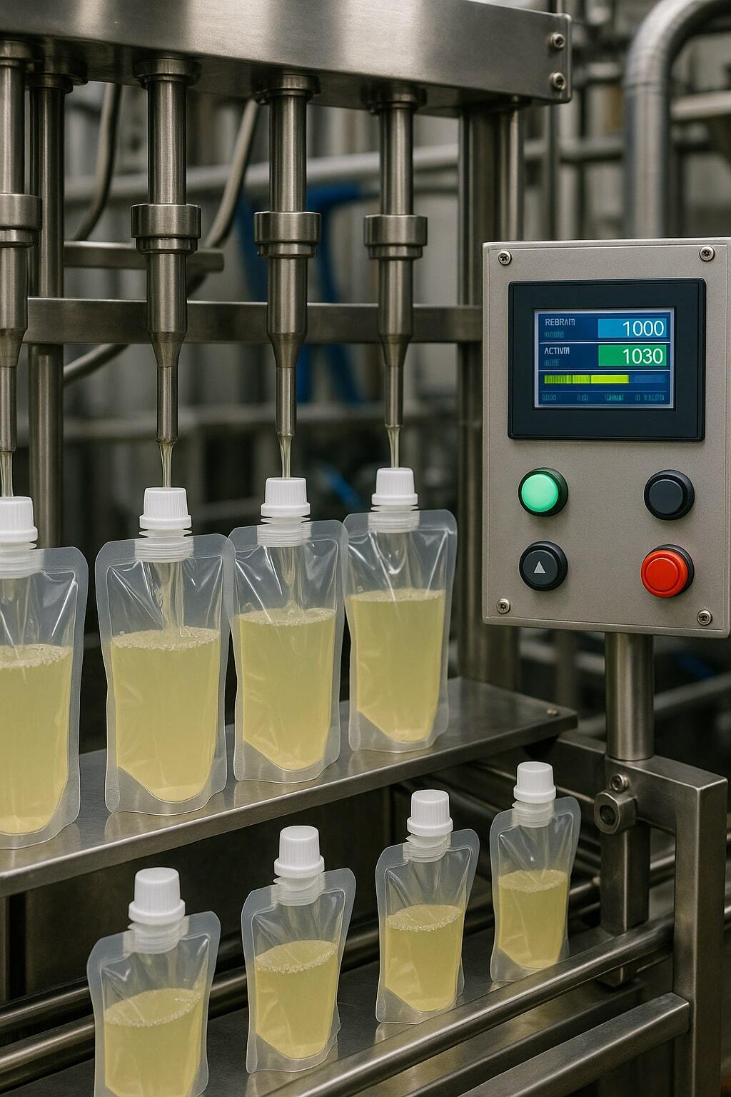 Filling line testing flexible drink pouches alongside a control panel readout.