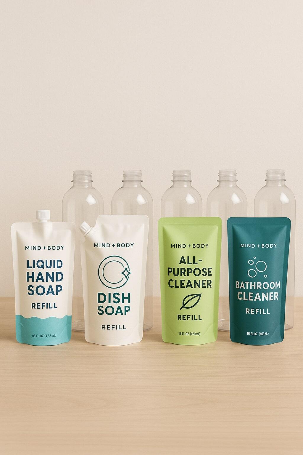 Cleaning product company uses refill pouches to replace rigid bottles and reduce plastic waste.