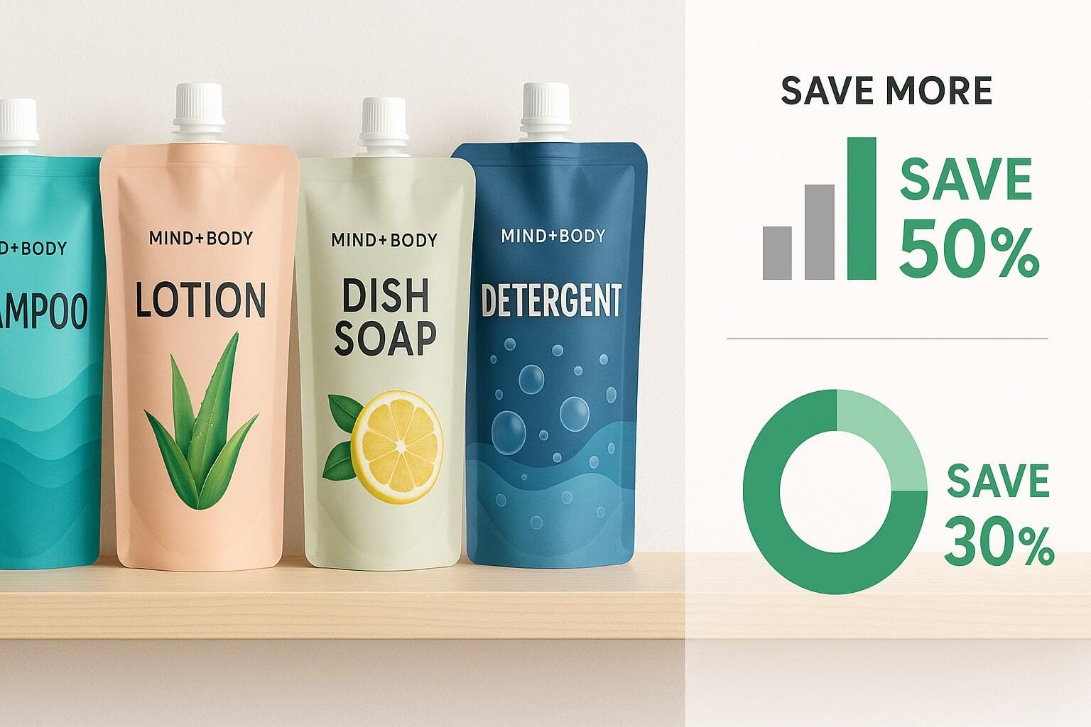 Slim banner with collage of liquid pouches on shelf next to charts showing savings.