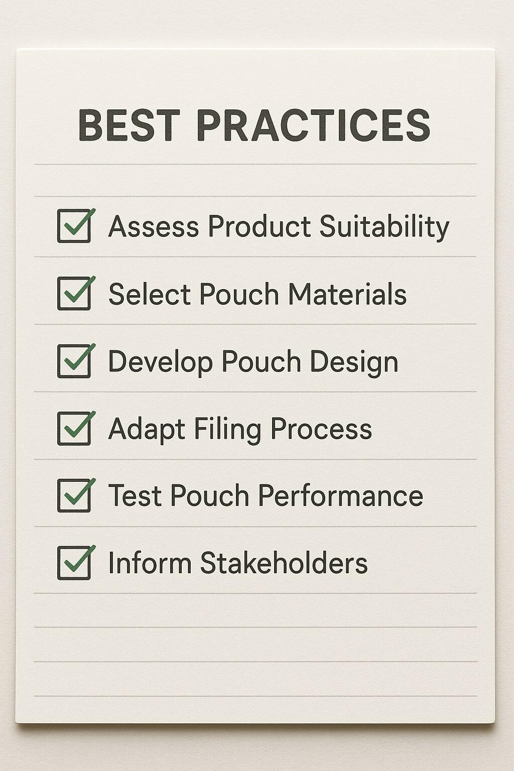Checklist board summarizing best practices for successful liquid pouch transitions.