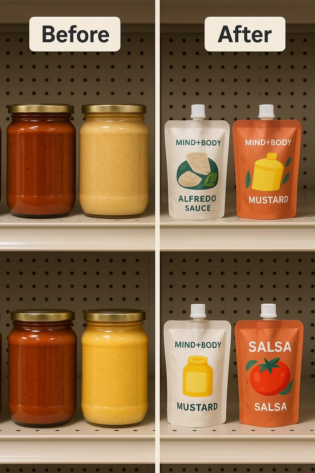 Comparison showing sauce brand packaging before and after switching to liquid pouches.