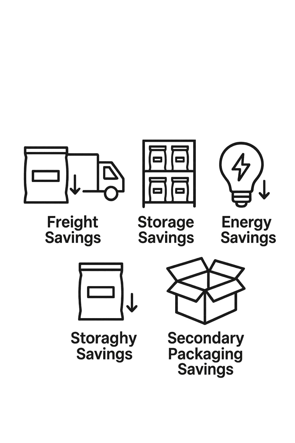 Icons for material, freight, storage, energy, and secondary packaging savings in pouches.