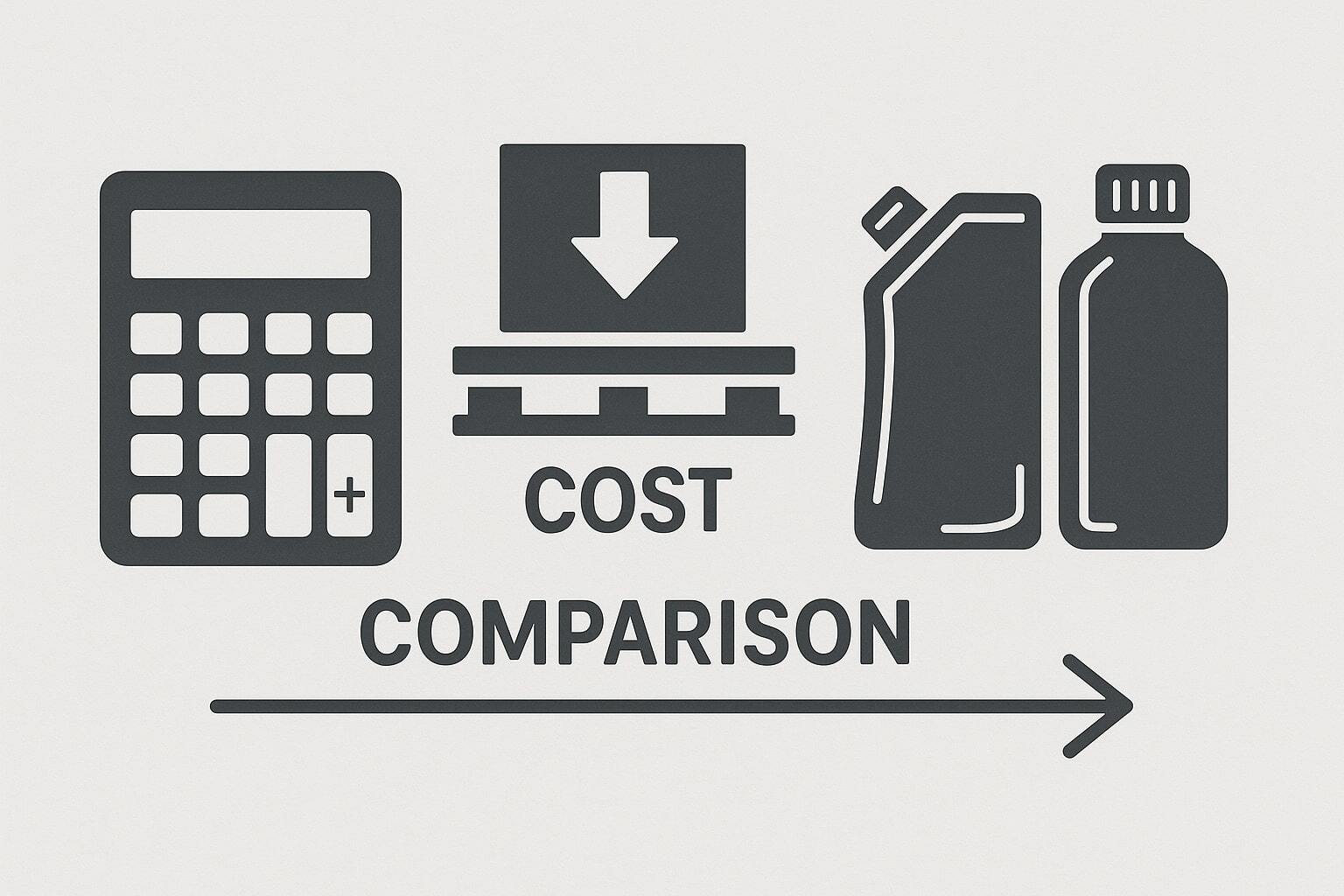Compact banner showing a calculator, pallet icon, and a spouted pouch next to a bottle.