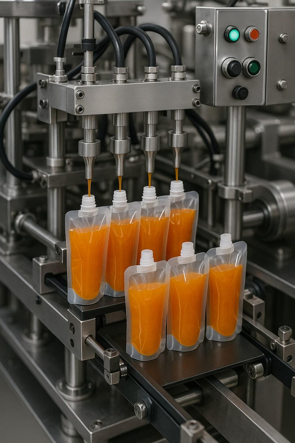 Manufacturing line producing flexible liquid pouches for beverages and sauces.