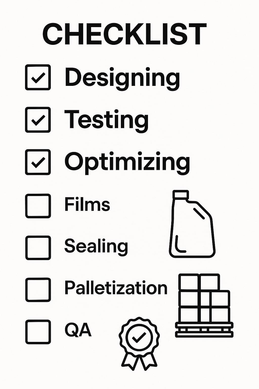 Checklist graphic for designing, testing, and optimizing flexible liquid pouch programs.