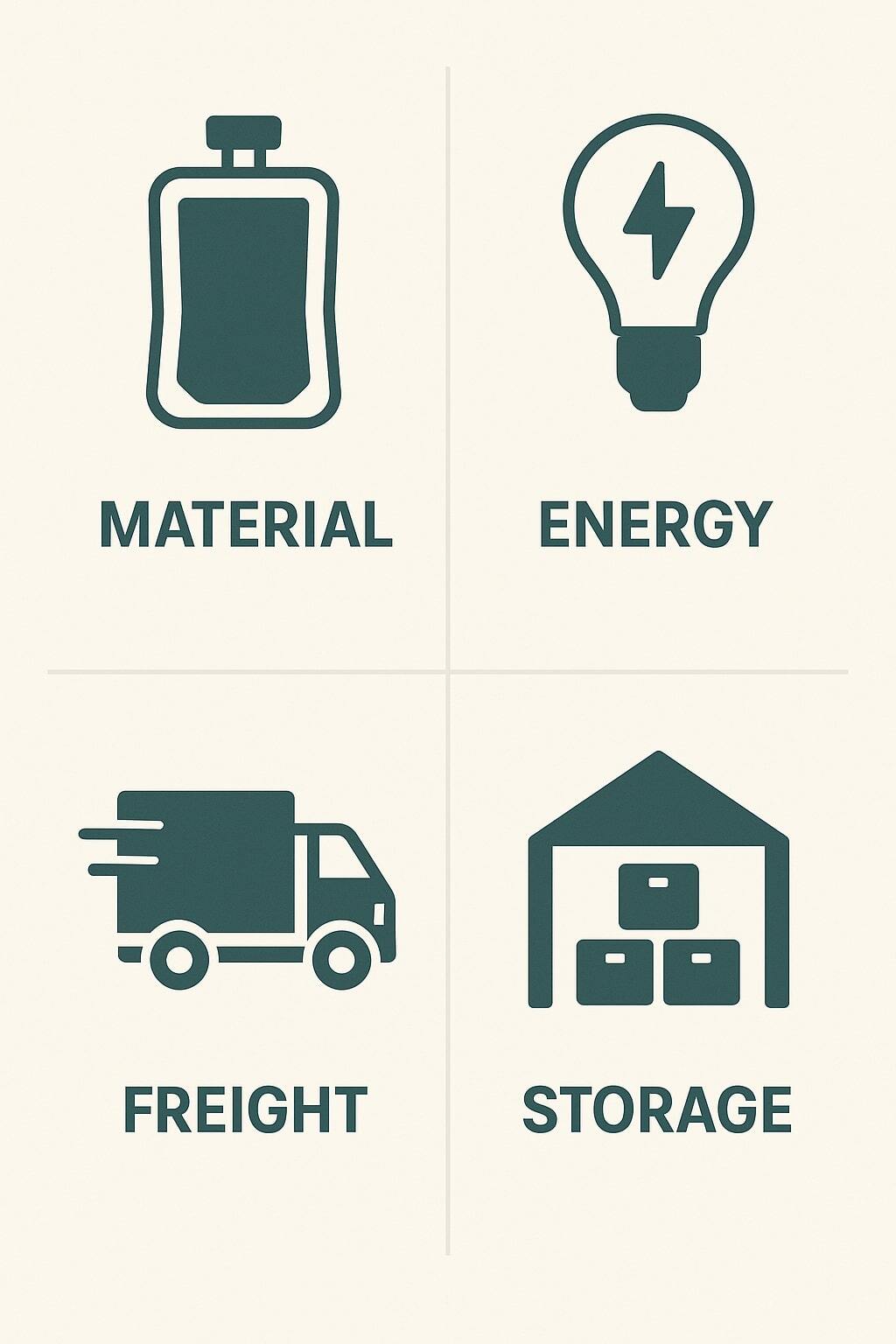 Infographic of material, energy, freight, and storage cost factors for flexible liquid pouches.