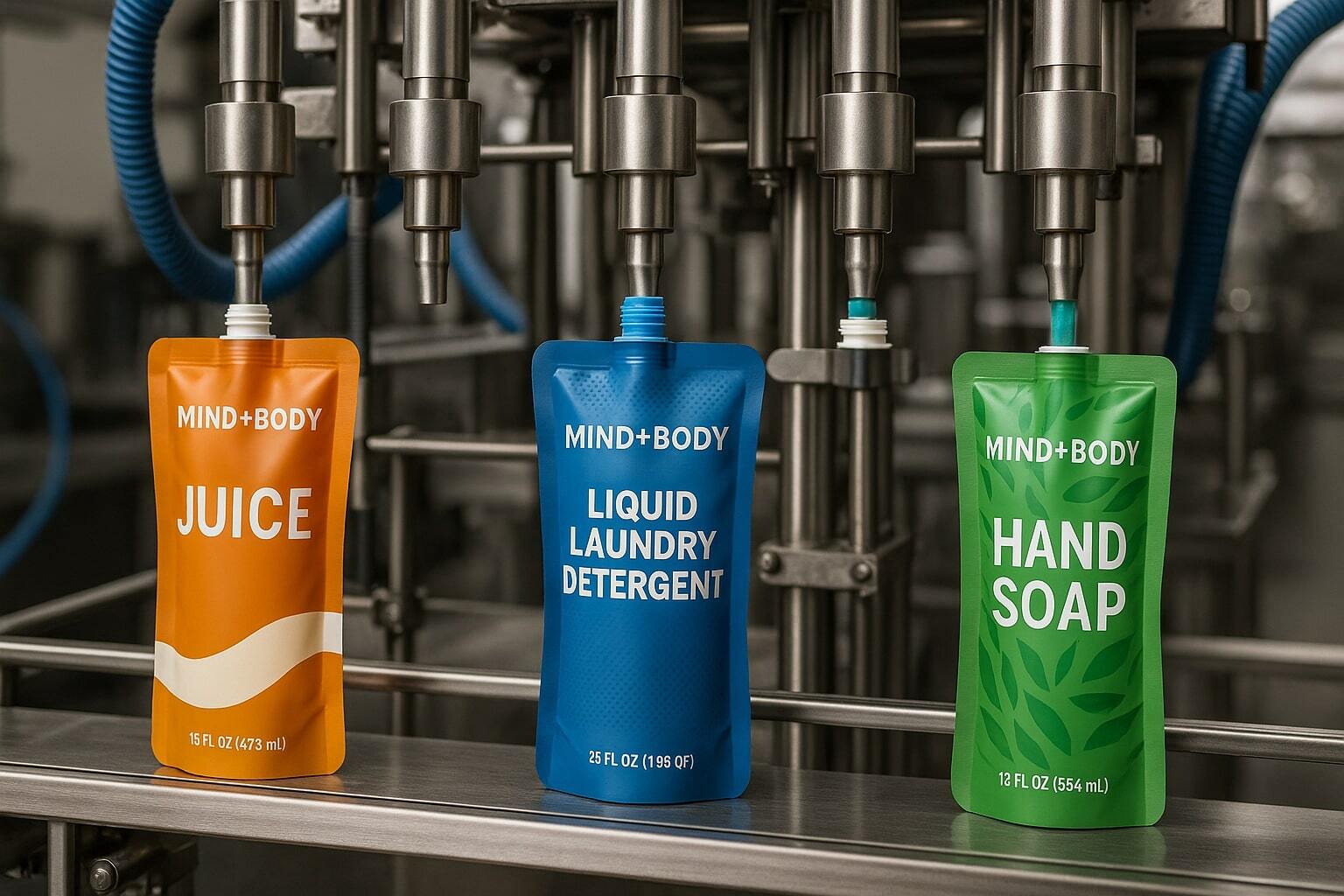 Automated filling line for flexible liquid pouches showcasing cost and efficiency benefits.