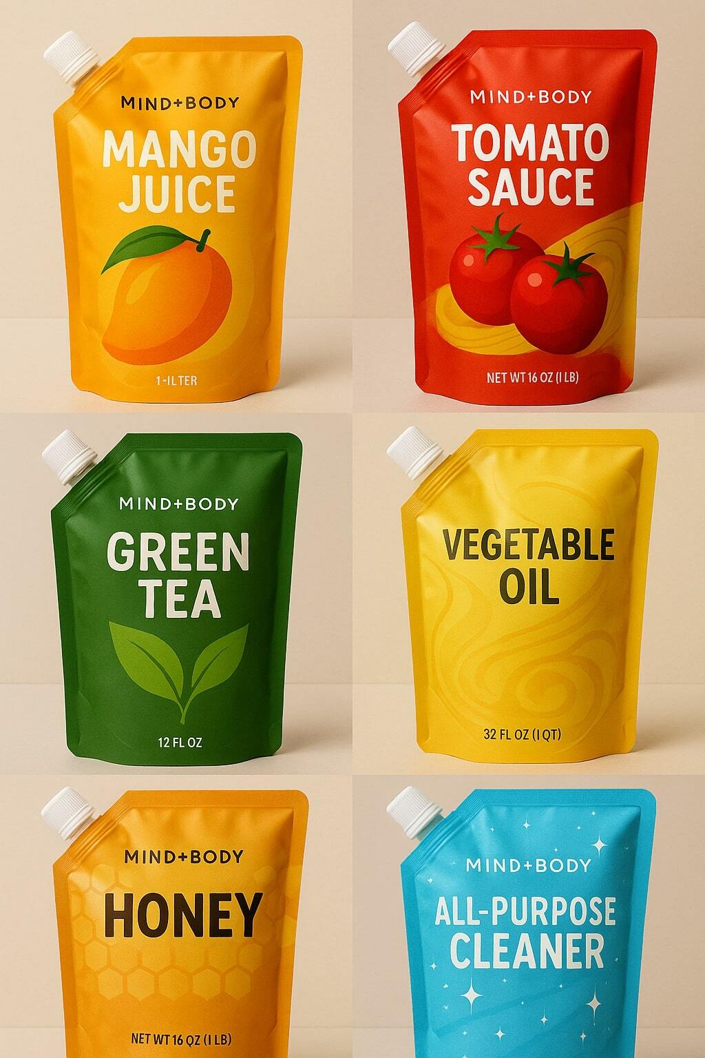 Collage of beverages, sauces, and cleaners packaged in flexible liquid pouches on a neutral background.
