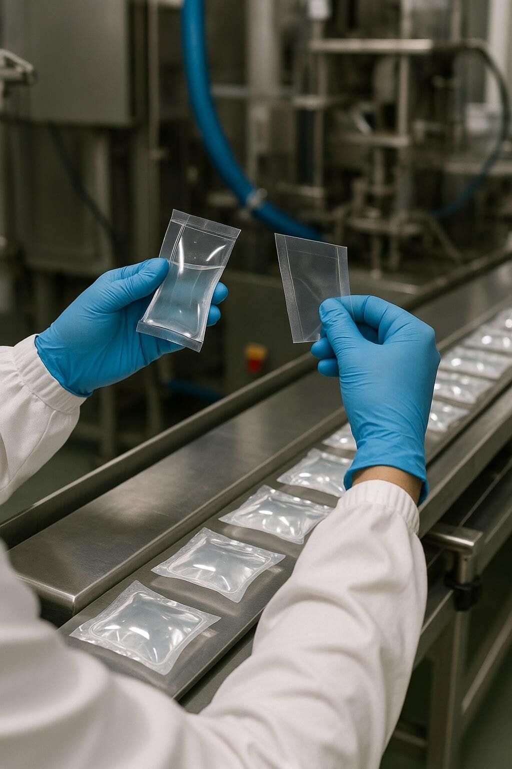 Technician inspecting seals and film samples for liquid pouches to prevent leaks and defects.
