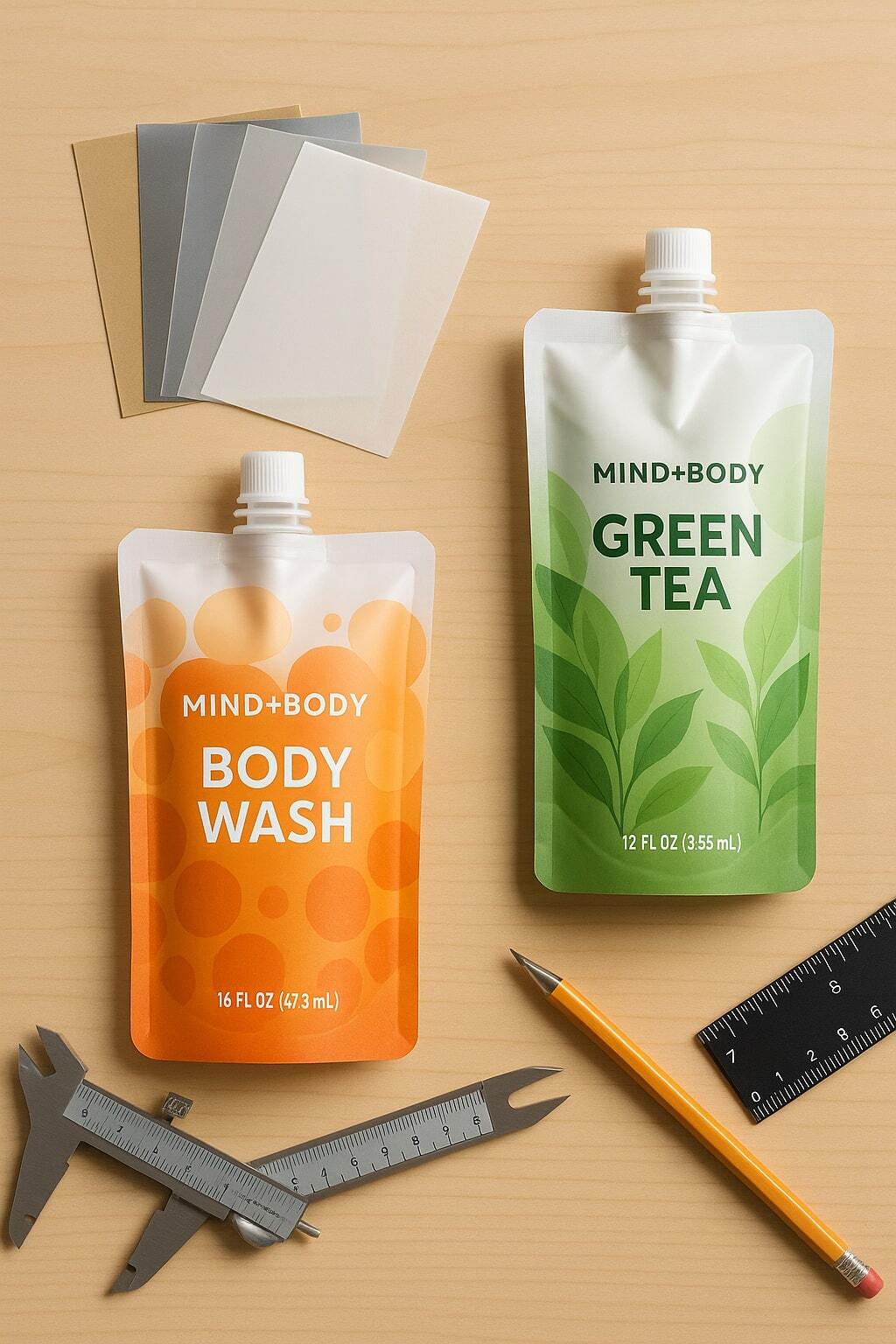 Sample kit of spouted and stand-up liquid pouches with film swatches laid out on a table.