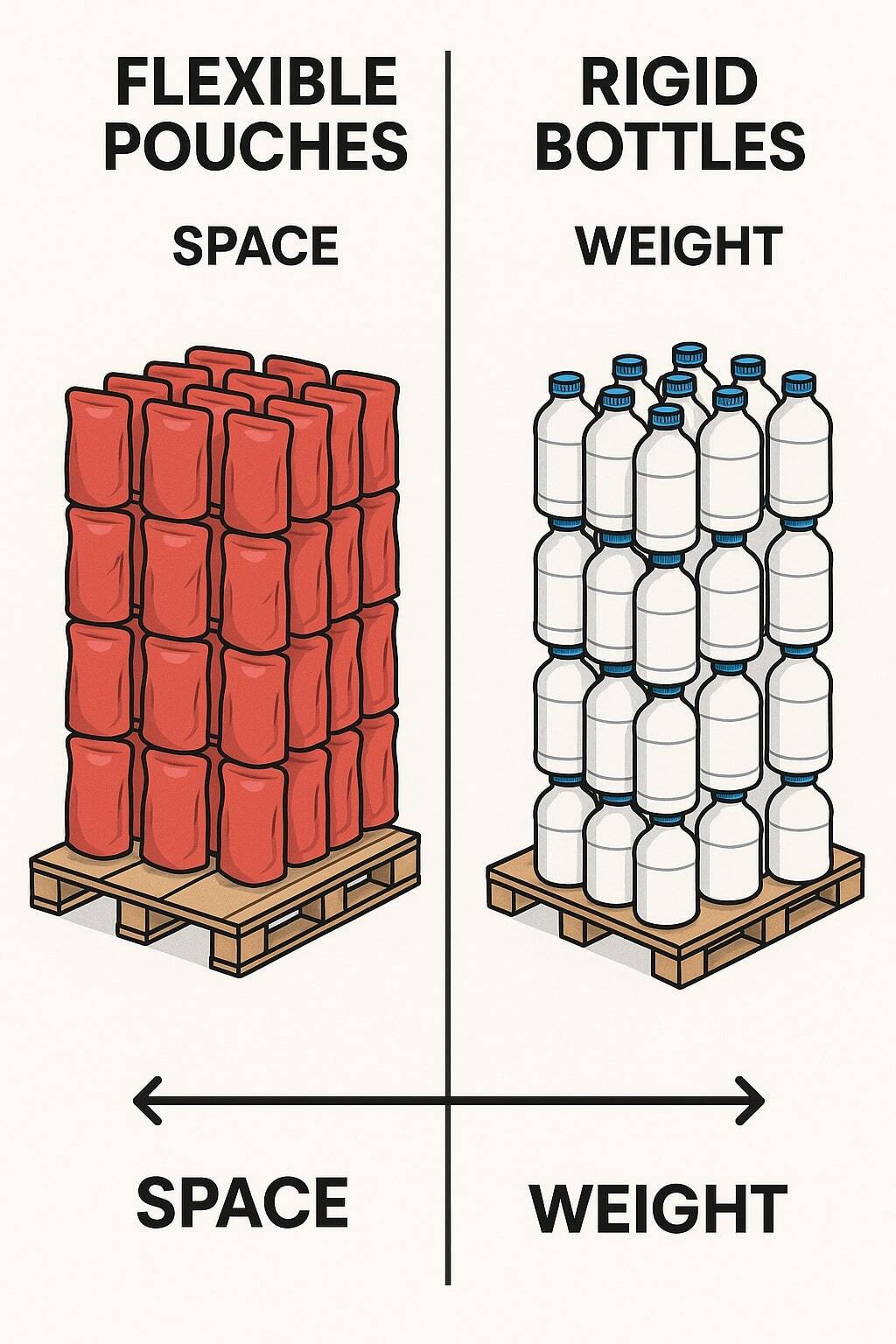 Split comparison of flexible pouches and rigid bottles showing space and weight differences.