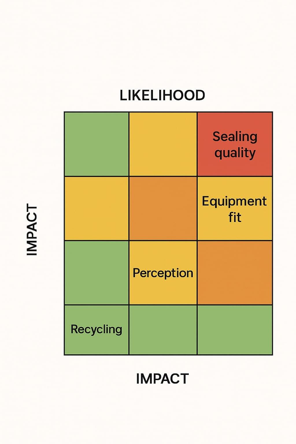 Matrix comparing risk likelihood and impact for sealing, equipment, perception, and recycling.