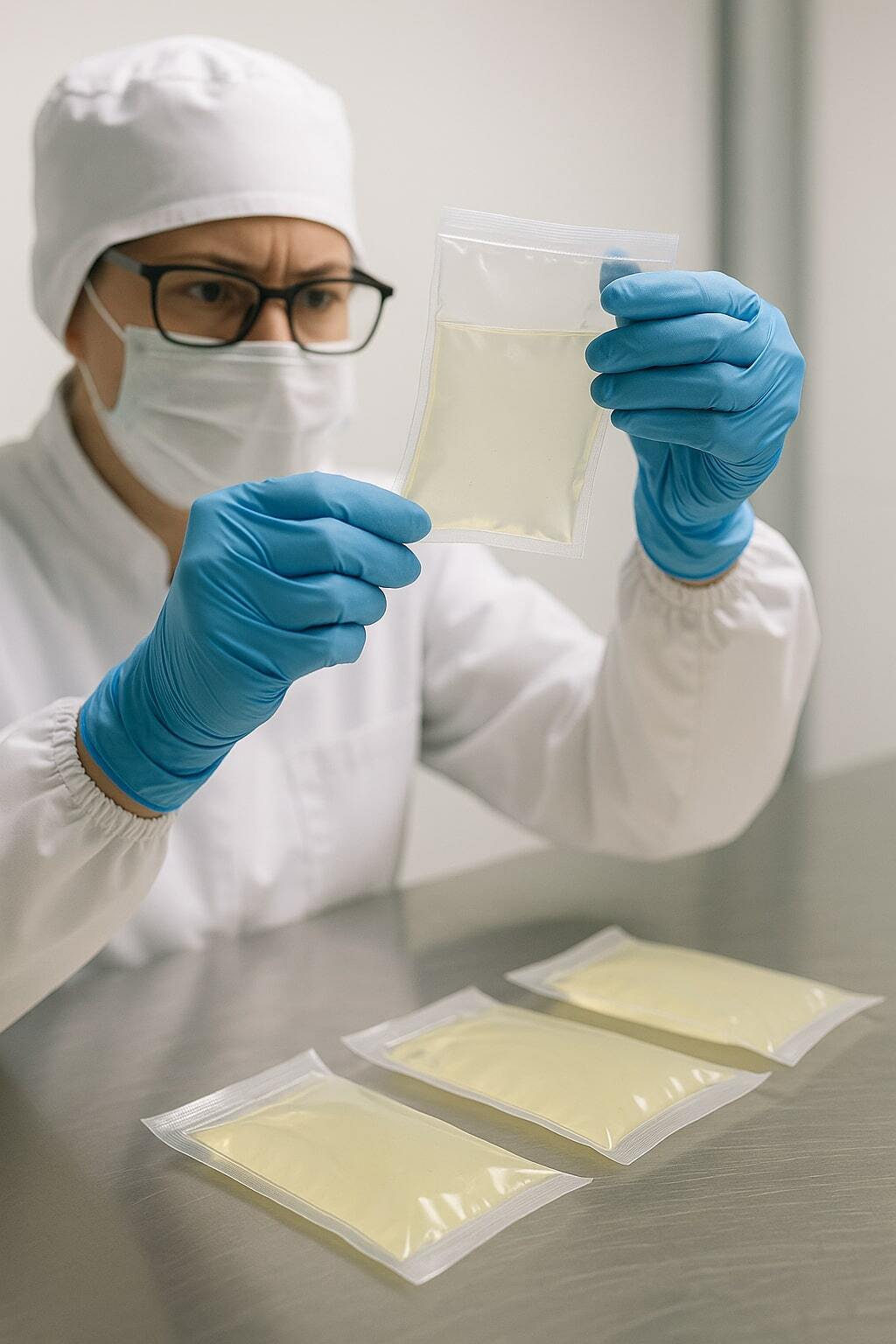 Technician checking seals on liquid pouches to prevent leaks and packaging defects.