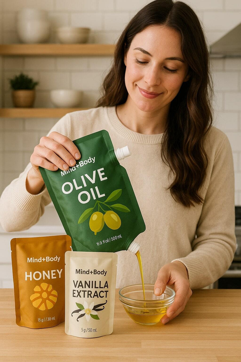 Lifestyle image of a consumer pouring from a spouted liquid pouch in a kitchen.