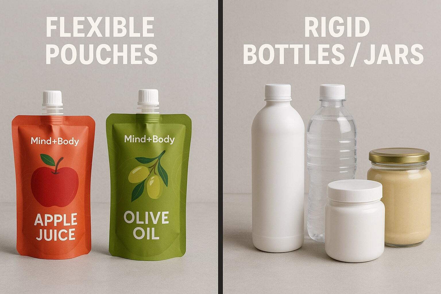 Slim split banner with flexible pouches on the left and rigid bottles/jars on the right.