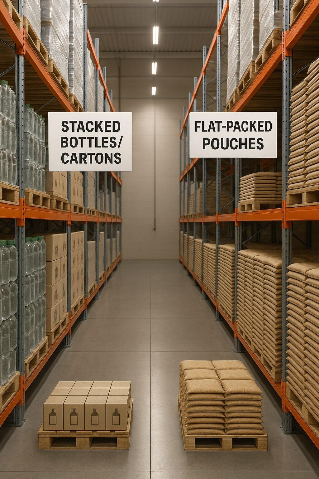 Warehouse aisle with materials showing space differences among formats.