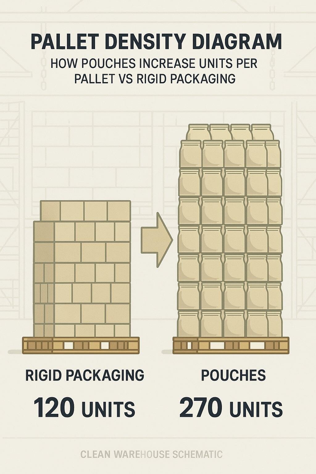 Diagram showing pallet density and freight savings of flexible pouches compared to rigid packaging.
