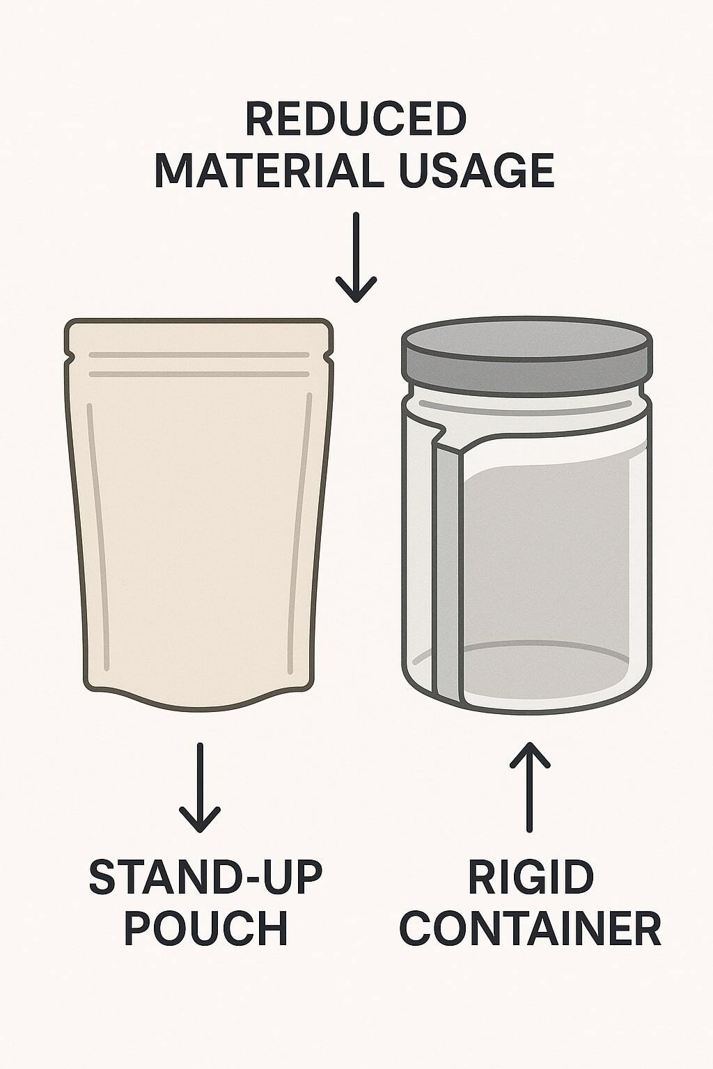 Cutaway diagram of a stand up pouch showing reduced material versus a rigid container.