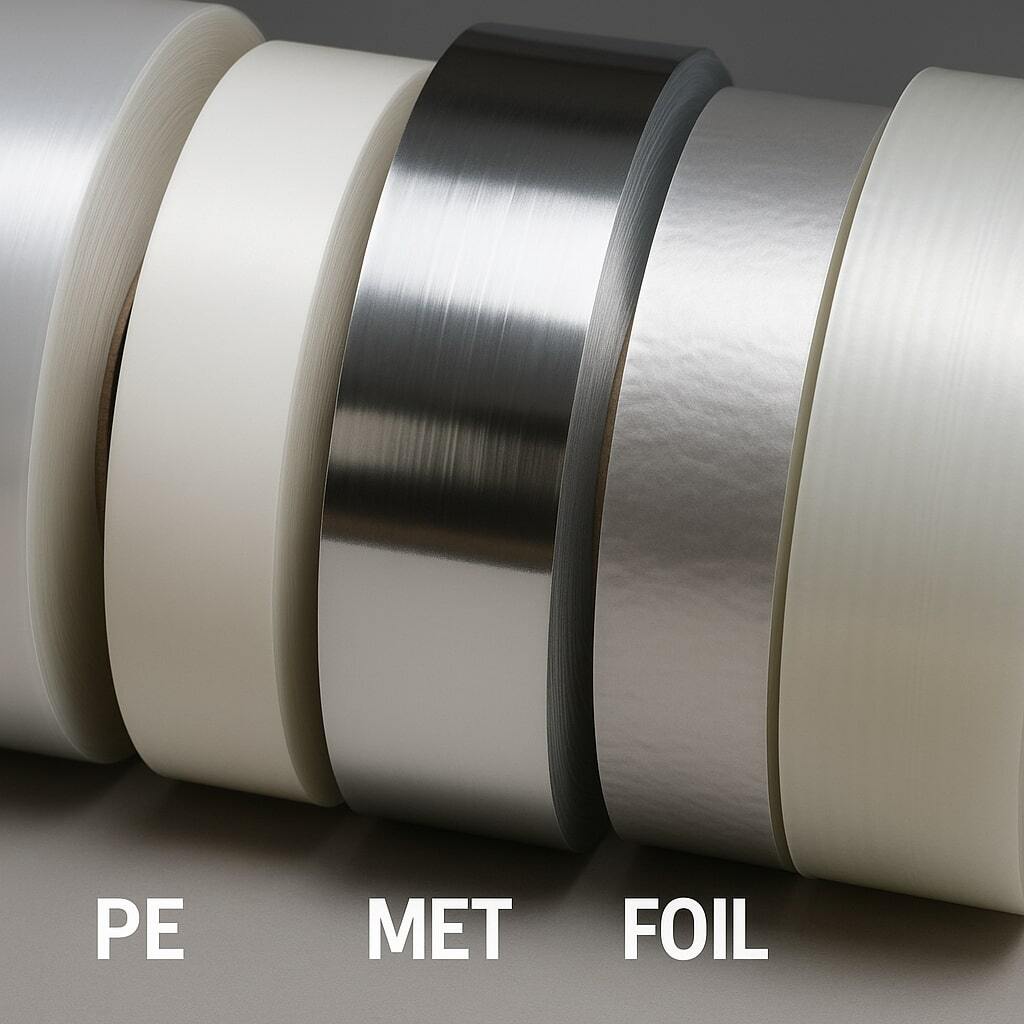 Close-up of film rolls of PET, PE, METPET, foil, and compostable film lined up side by side.