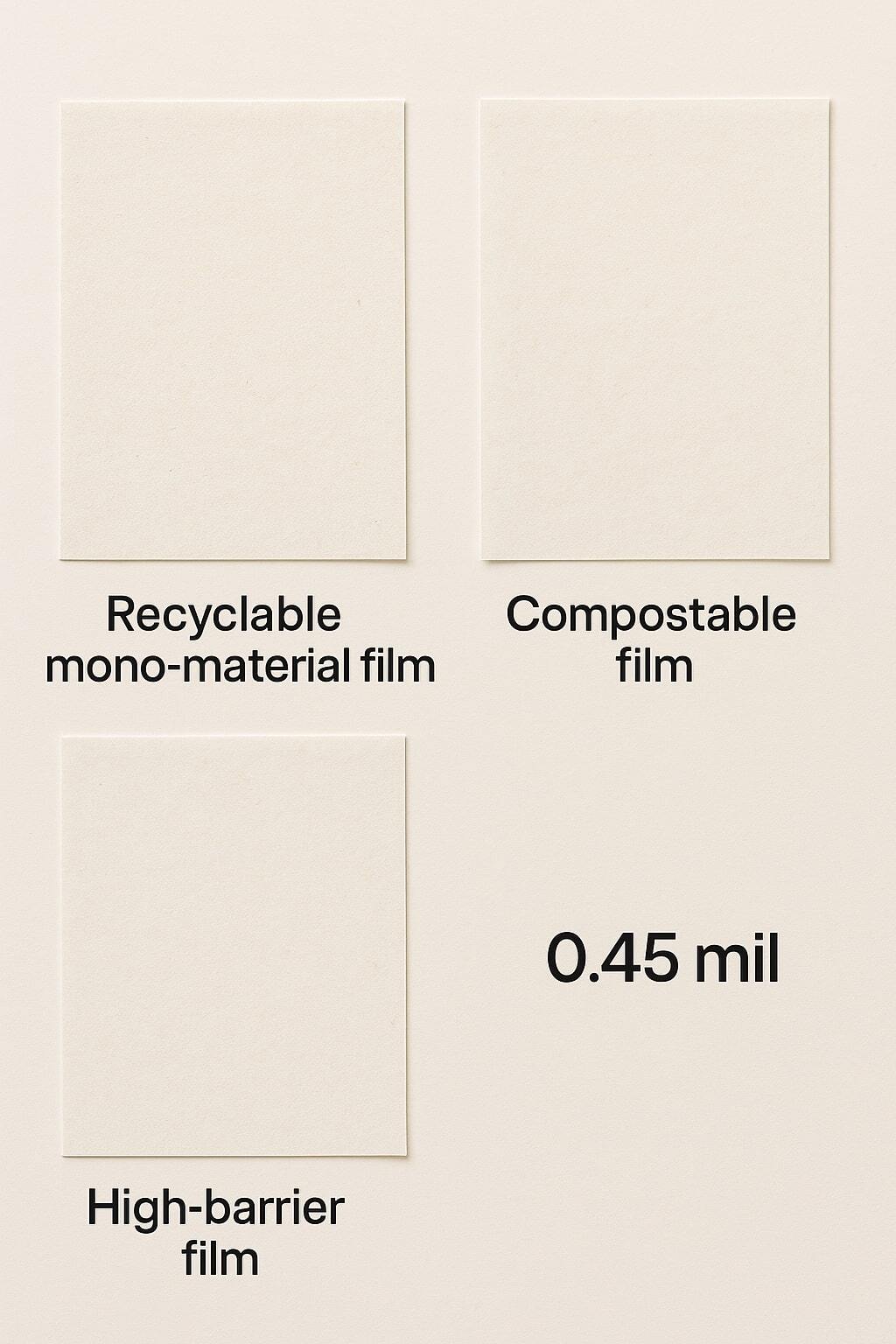 Flat-lay of recyclable, compostable, and high-barrier pouch films with simple labels.