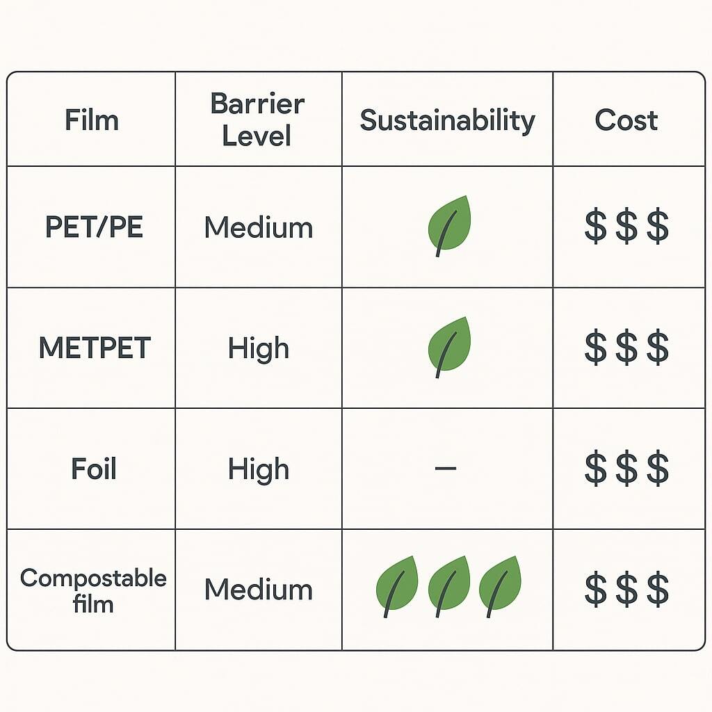 Table comparing PET/PE, METPET, foil, and compostable films across barrier level, sustainability, and cost.