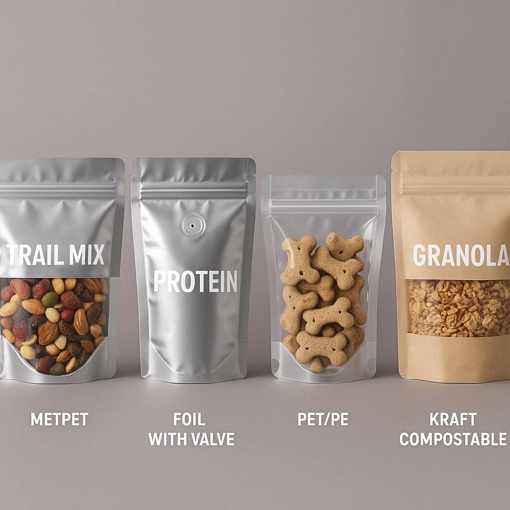 Array of pouches: trail mix in METPET, coffee in foil with valve, protein in METPET, pet treats in PET/PE, granola in kraft compostable.