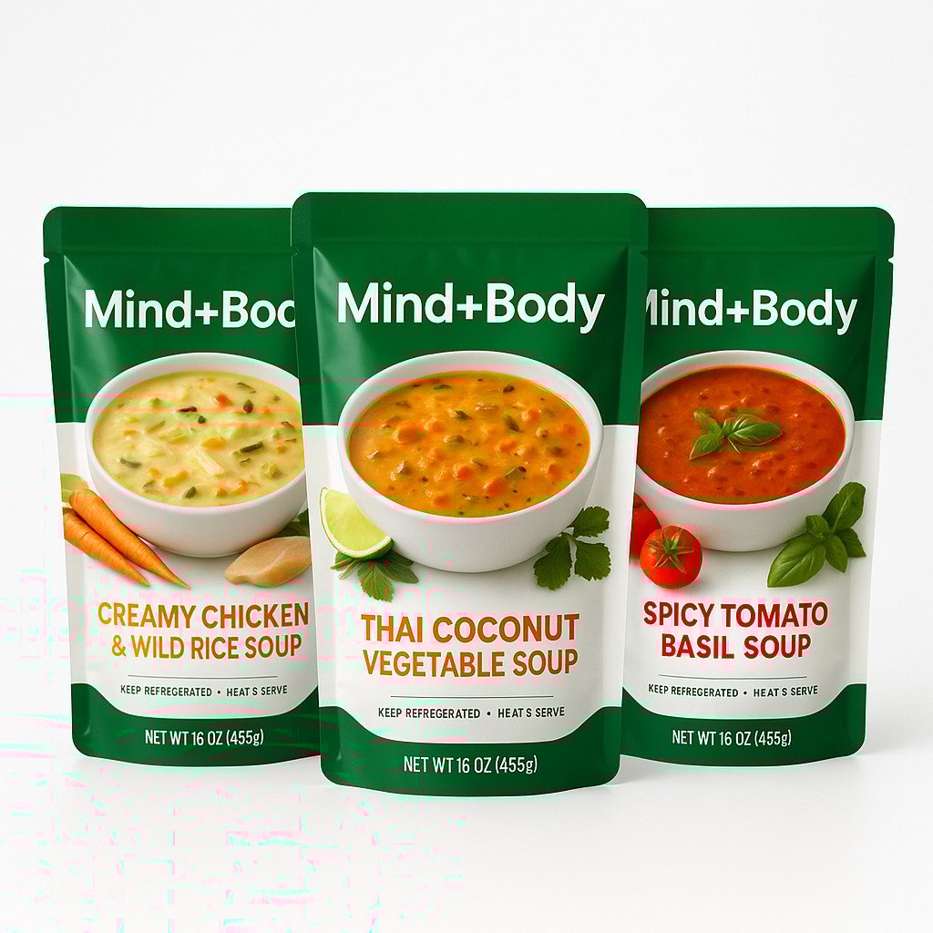 Variety of stand-up aseptic soup pouches in branded retail packaging