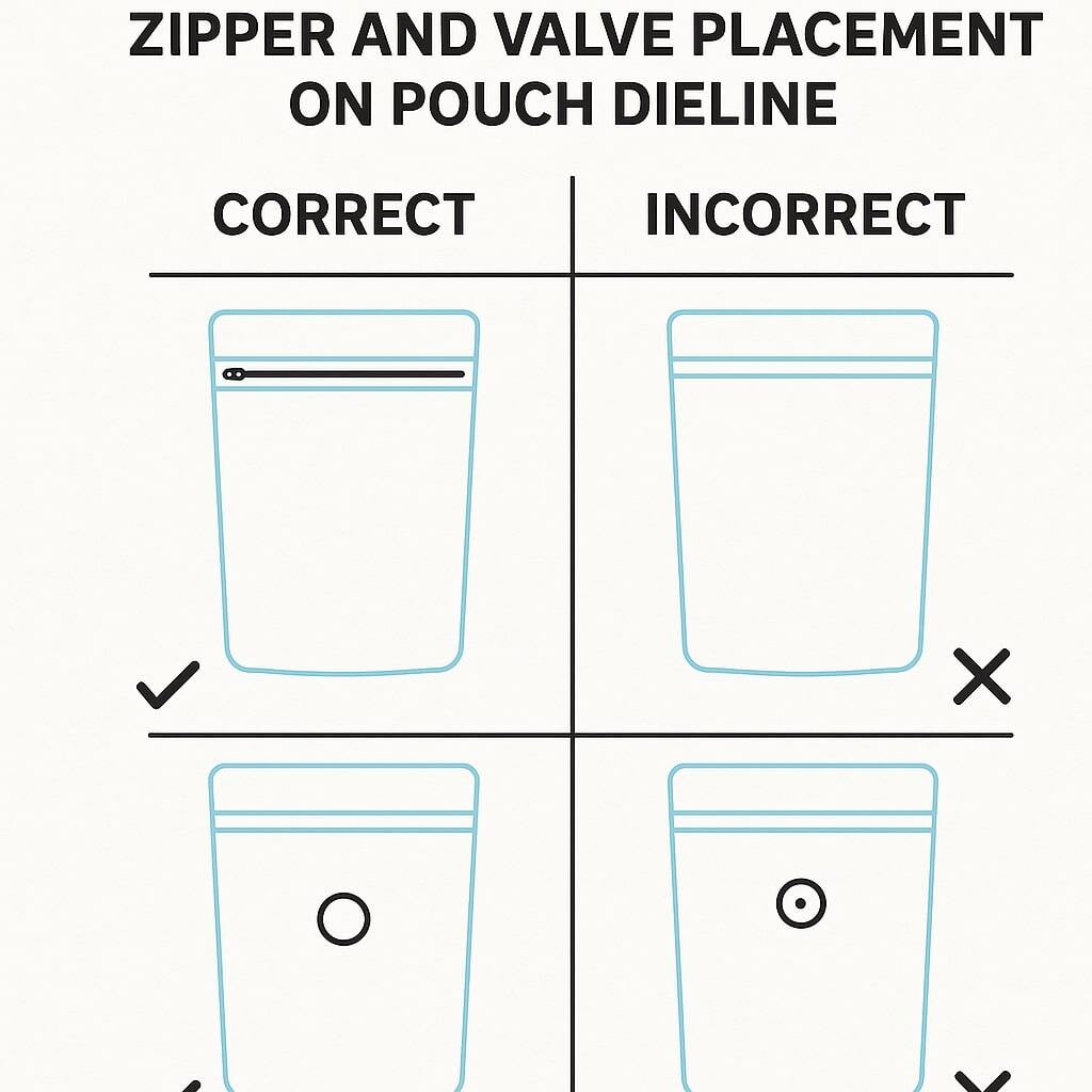 Diagram showing correct and incorrect zipper and valve placement on a pouch dieline.