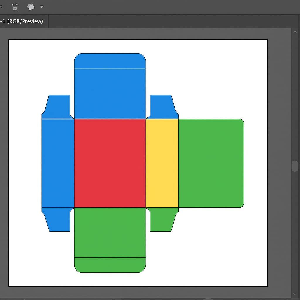 Screenshot of an Illustrator file missing dielines and using RGB colors.