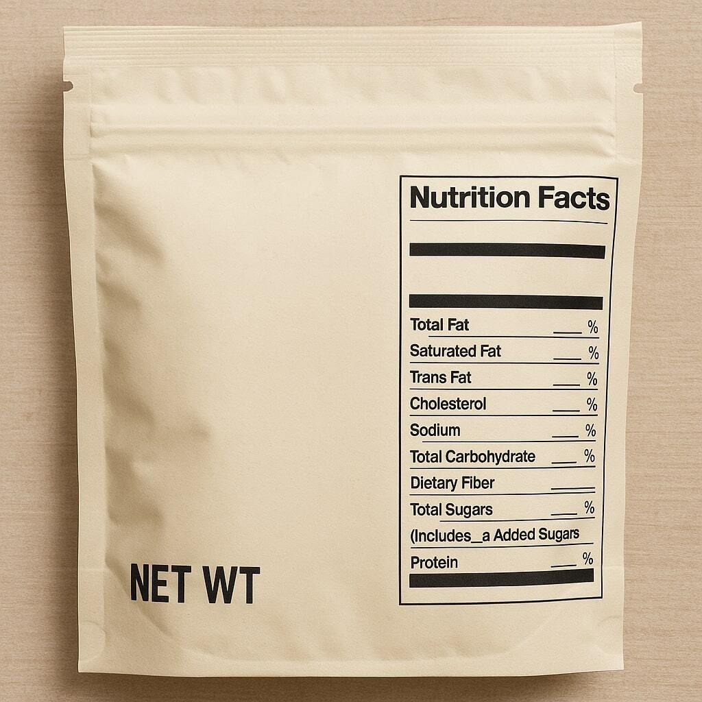 Close-up of a pouch back panel showing missing net weight and nutrition facts.