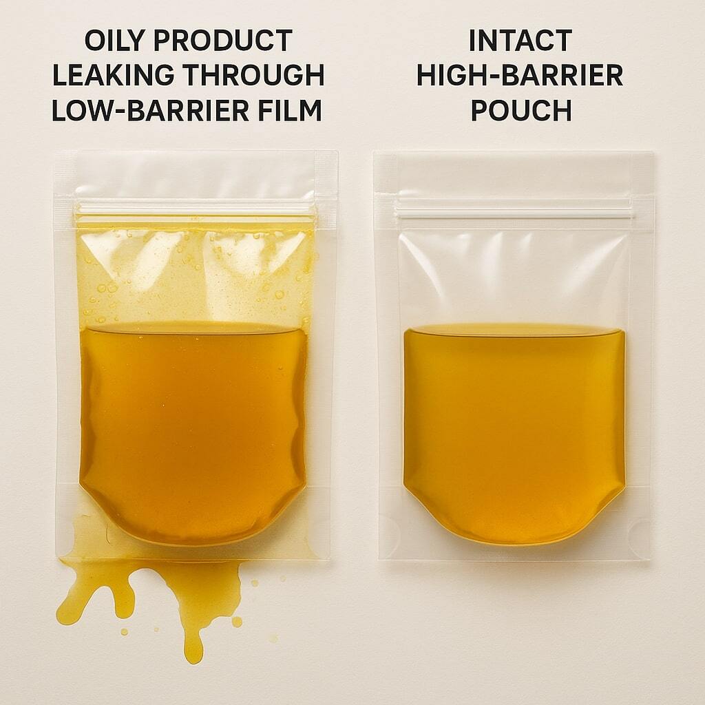 Comparison of oily product leaking through low-barrier film versus intact high-barrier pouch.