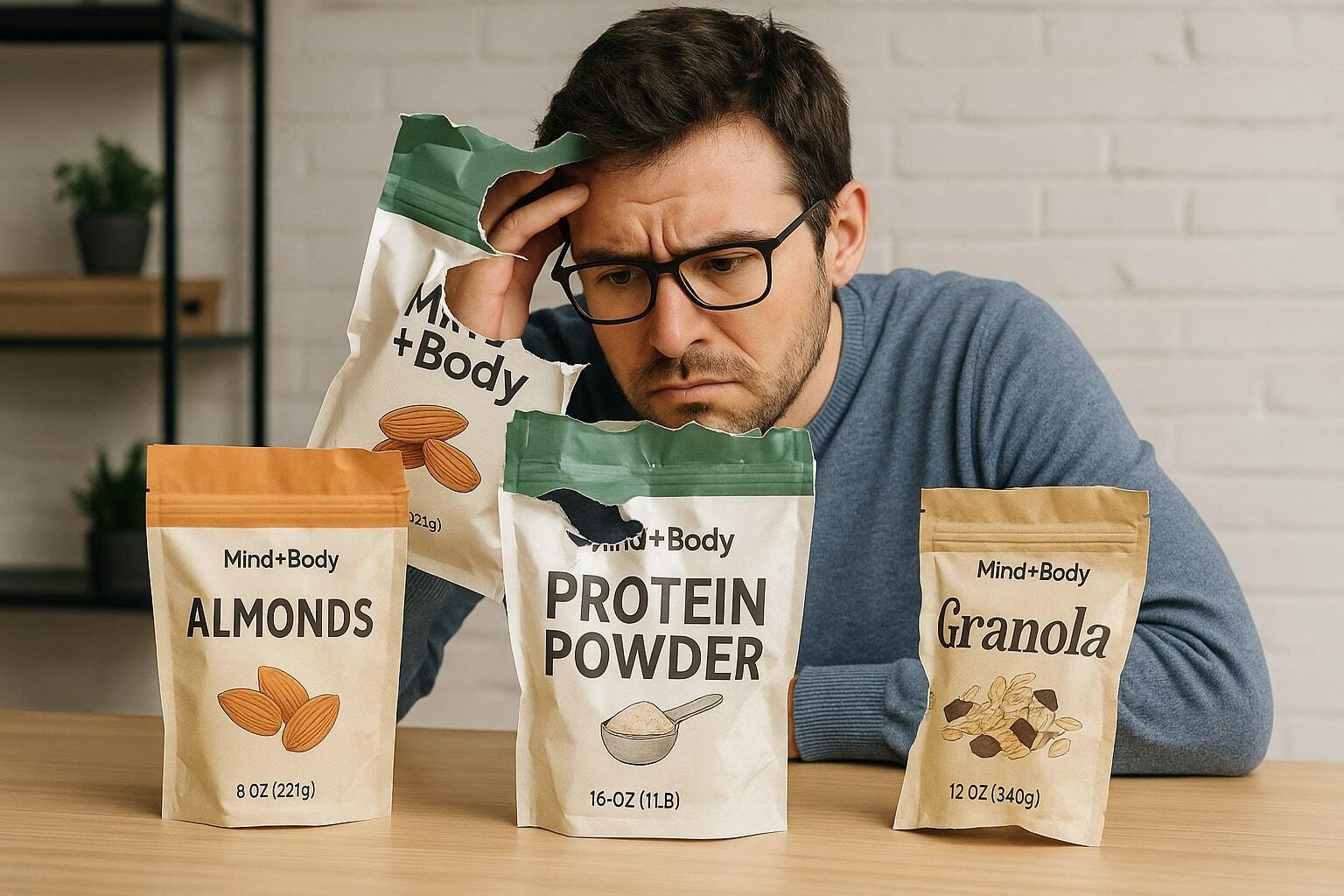 Frustrated designer looking at defective stand-up pouches with tears, misaligned prints, and wrong sizes. If there are realistic pouches in the image the pouches should have some design elements as though you might find them in a grocery store. Use the fictitious company Mind+Body as the brand and label the products with real products that would be packaged in the pouches. Do not use Lorem Ipsum copy in the graphic.