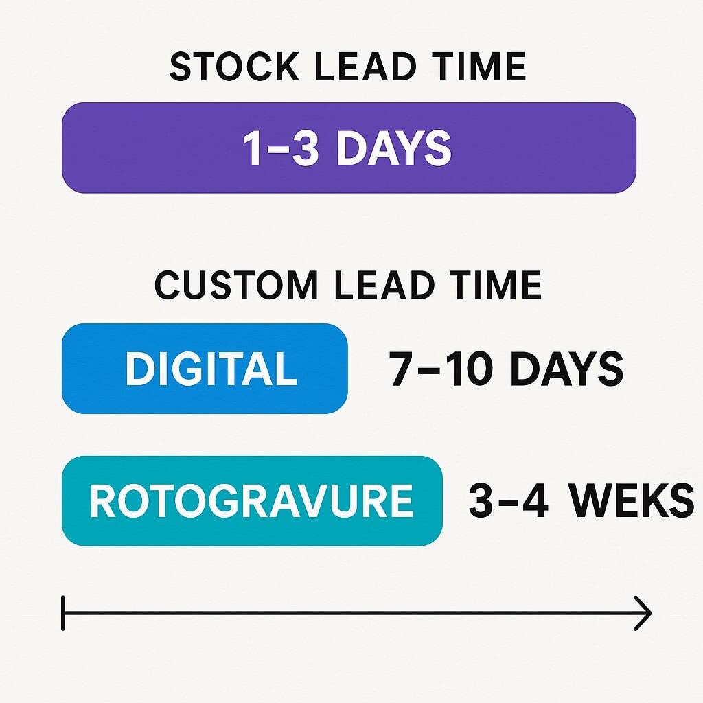 Graphic timeline showing stock lead times of 1–3 days and custom digital vs rotogravure timelines.