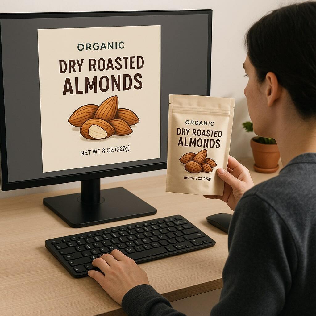 Designer reviewing digital proof on screen and physical pouch sample side-by-side.