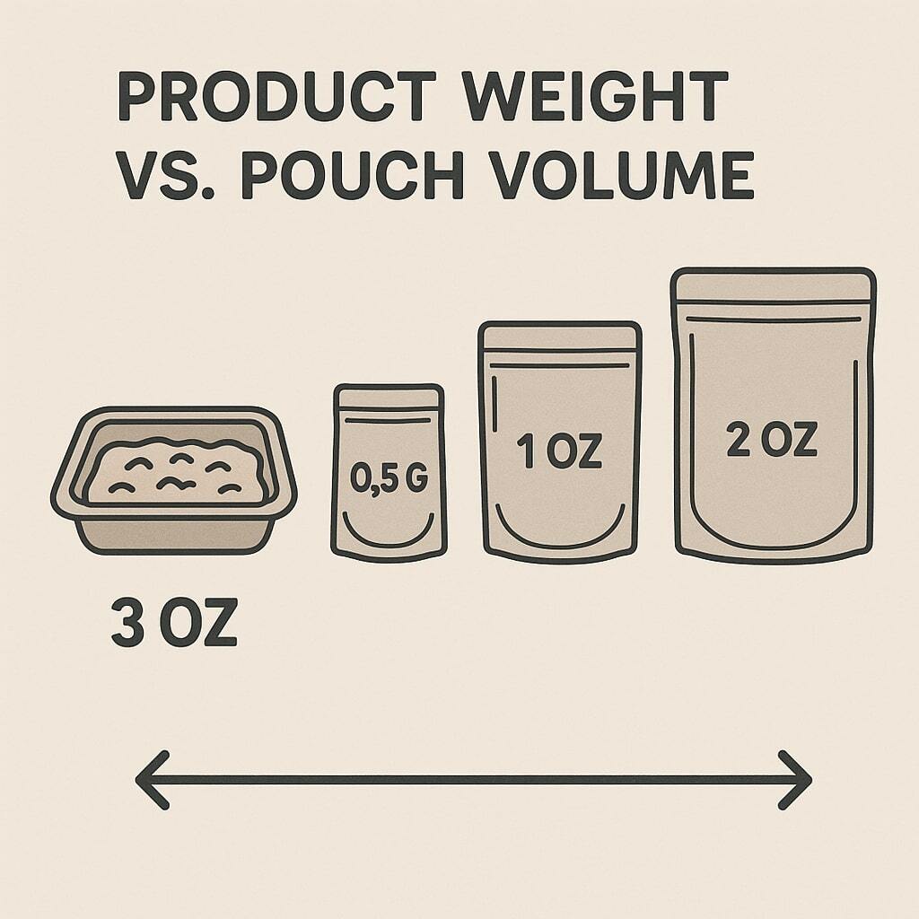 Illustration comparing product weight versus pouch volume, with a 3 oz tray next to different pouch sizes.