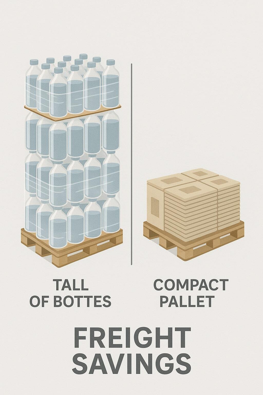 Side-by-side comparison of a pallet of bottles and a compact pallet of flat-packed stand up pouches.